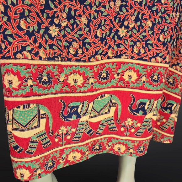 Vintage 90s Boho Maxi Granny Dress Size M Beaded Elephant Print Red Floral Rayon - Picture 5 of 11